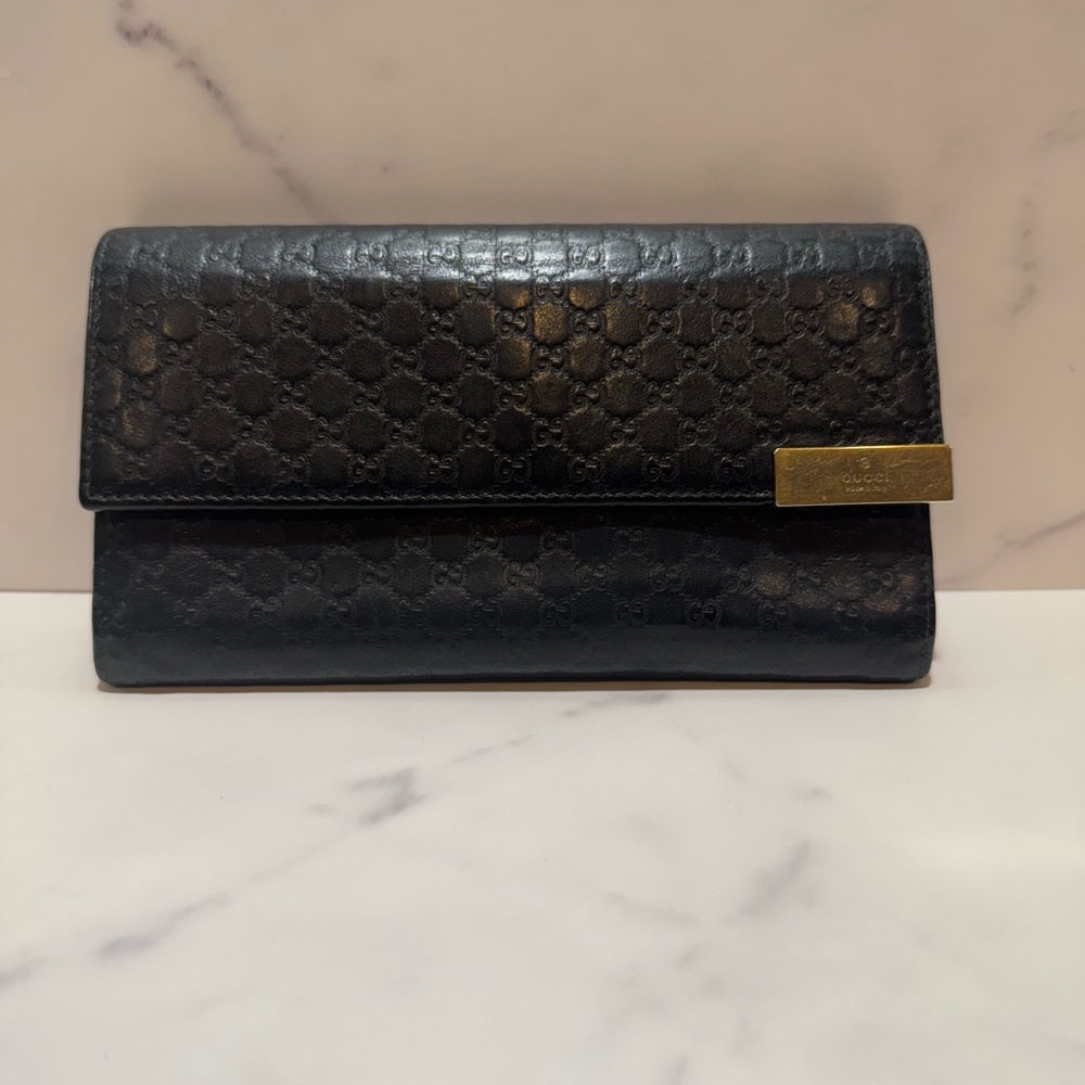 Gucci Signature Guccissima Black Leather Flap Wallet